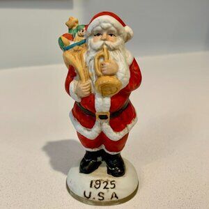 Vintage Old World Collectible 1925 USA Santa Claus Figurine with Toy Bag & Horn